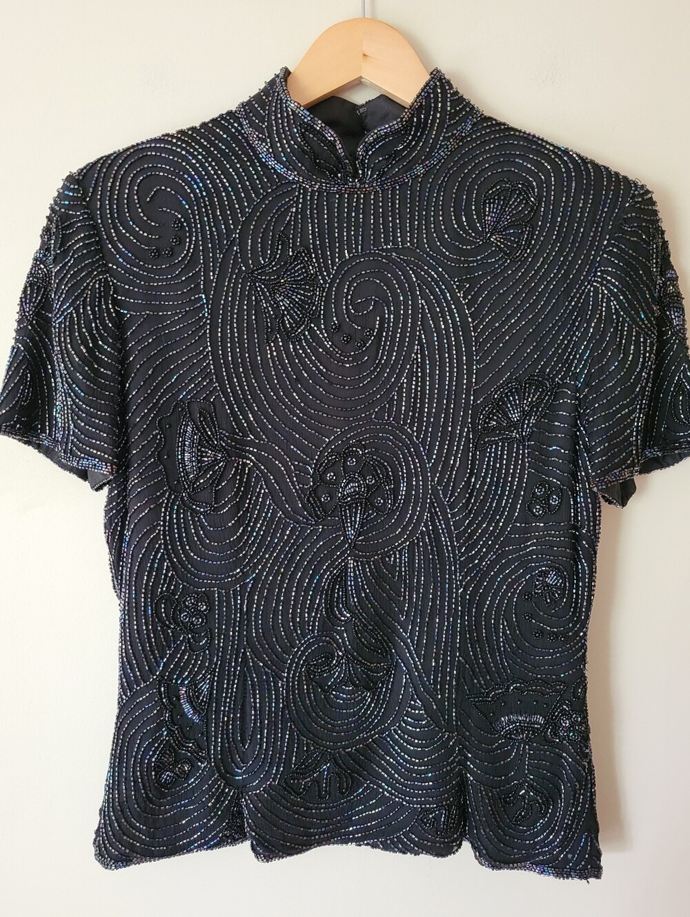 Vintage 90s Glam Goth Beaded Silk Mock Neck Top Black Short Sleeve Blouse Medium